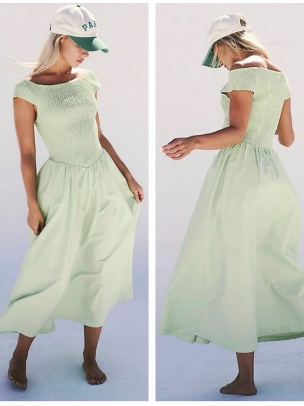 Free People Ceci Smocked Cotton Midi Dress in Mint Large
